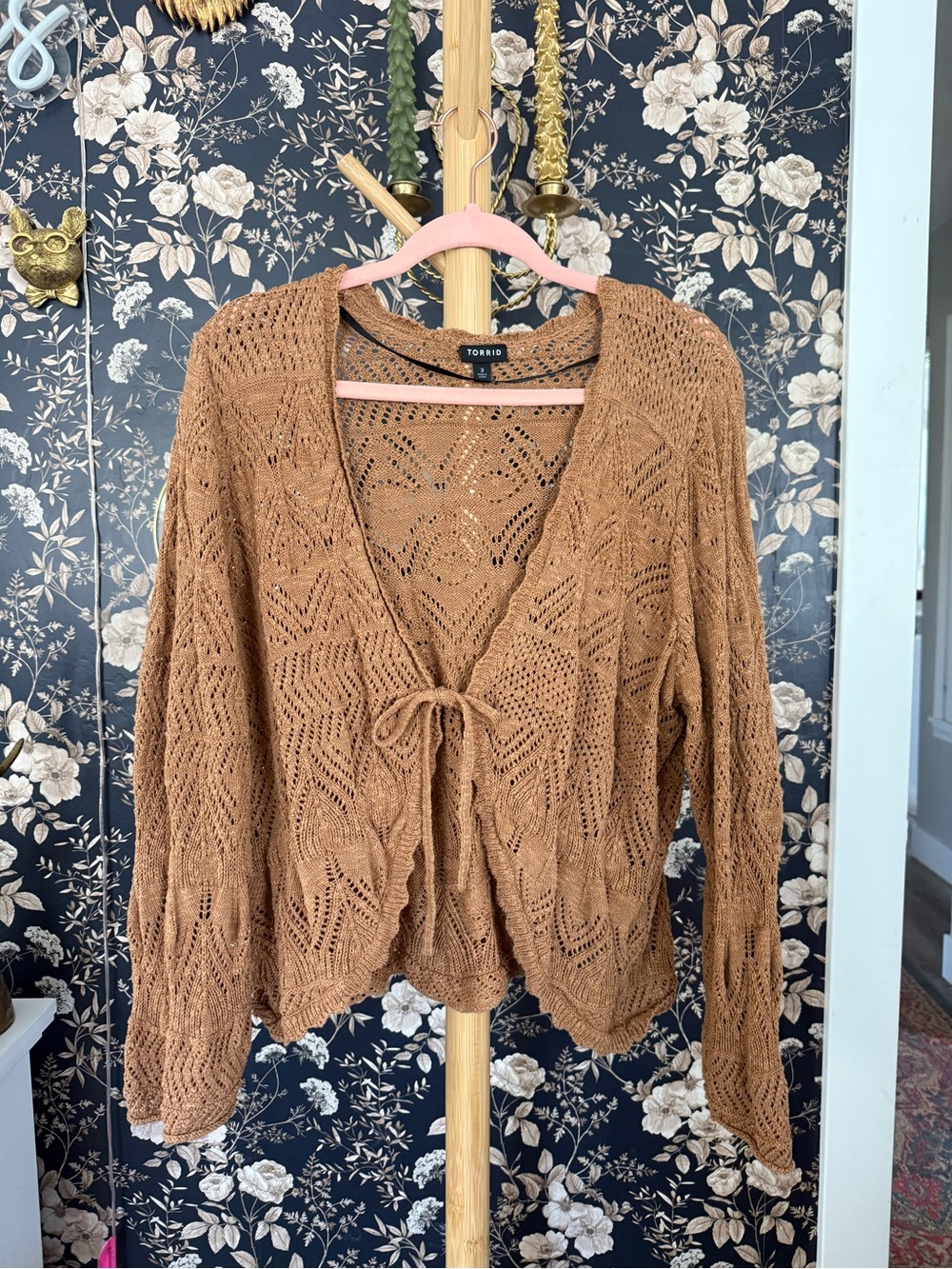 torrid Open-Knit Tie-Front Cardigan in Cognac Brown